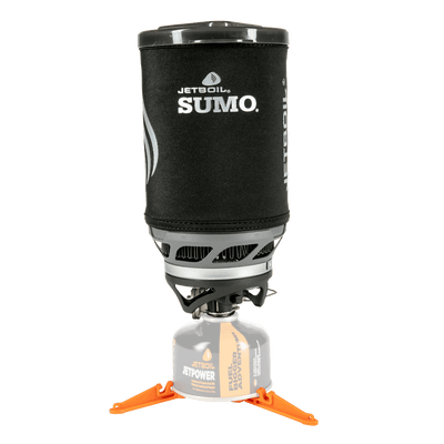 Front view of Jetboil SUMO set up with fuel and stabilizer