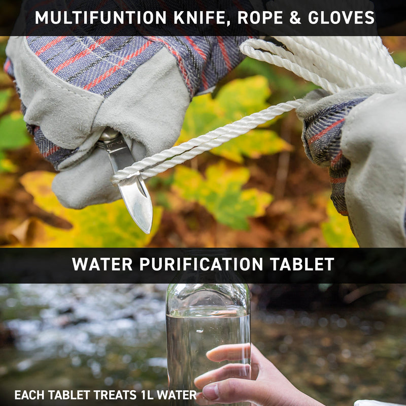 Multifunction knife, rope and gloves with aquatabs