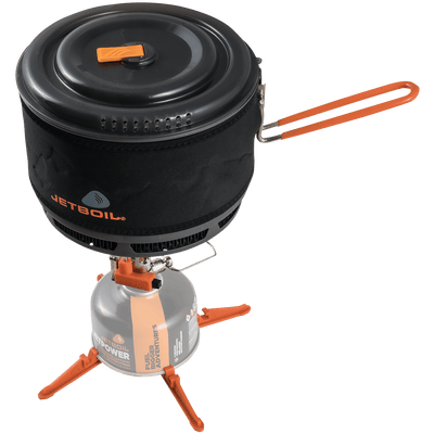 Top view of Jetboil 1.5L Ceramic FluxRing Cook Pot on stand with lid