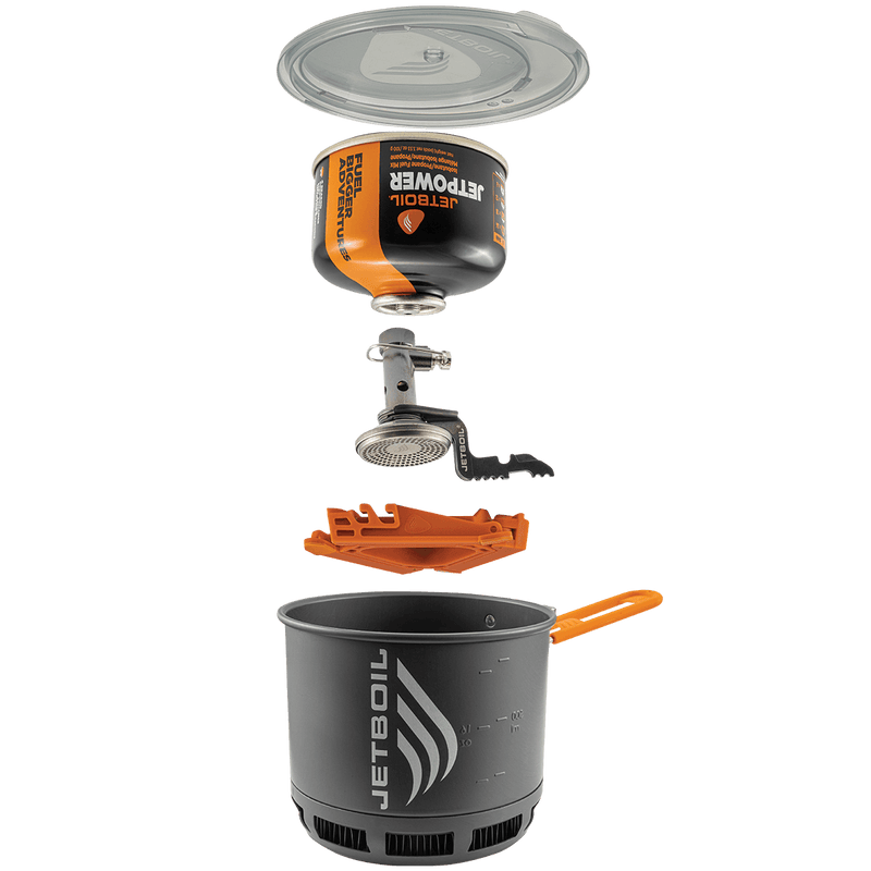 Jetboil Stash with stabilizer, ignitor, fuel, and lid in a row