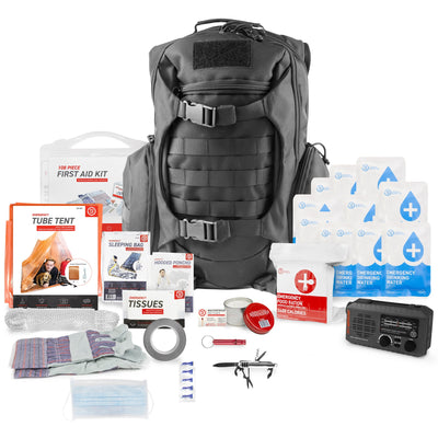 1 Person 72HRS Tactical Deluxe Backpack Kit with NOAA Weatherband Radio laid out