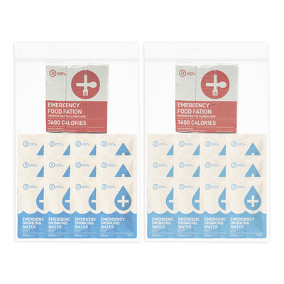 2 person emergency food and water replacement kit in clear bag