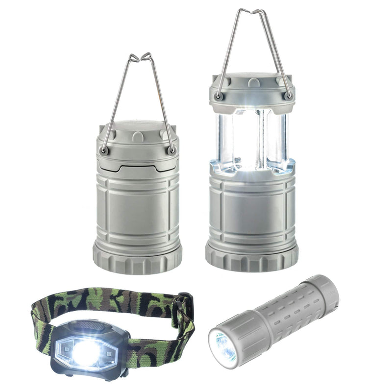 "3Pc Camping Light Set (Gray color) - Collapsible Lantern, Head Lamp  & Flashlight"