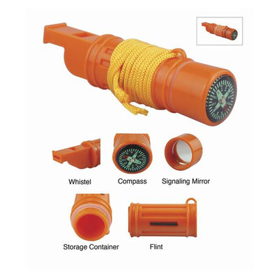 5-IN-1 Orange Survival Whistle with Lanyard 5 functions shown