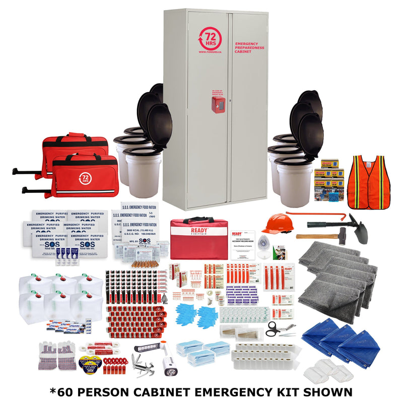 72HRS 60 people emergency cabinet kit shown with contents laid ouside of cabinet 