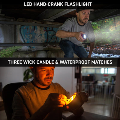man shining flashlight in dark area and man lighting candle in the dark with matches