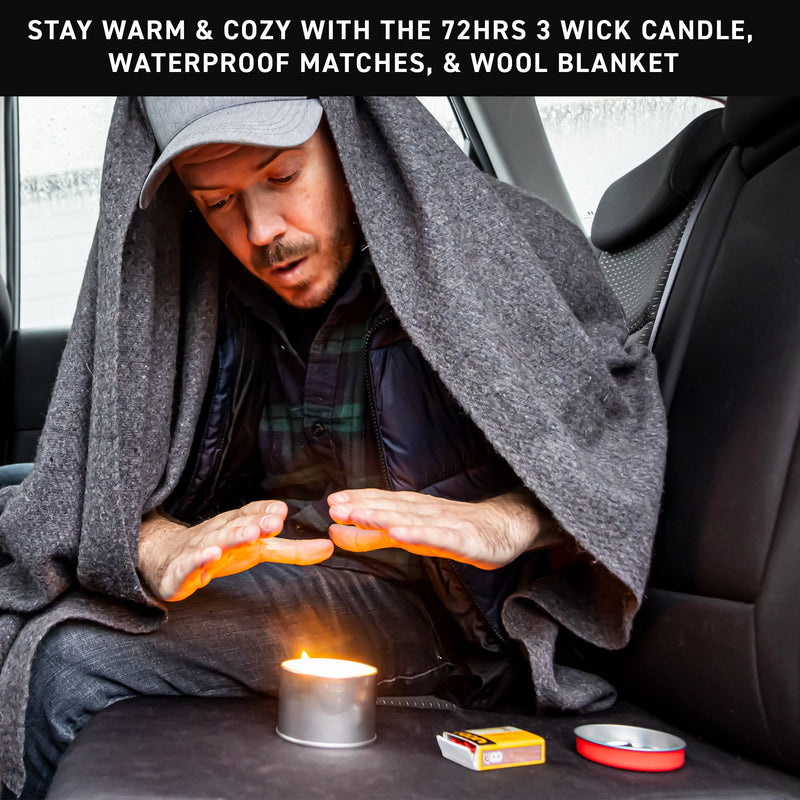 Wool blanket, waterproof matches, 36hr candle
