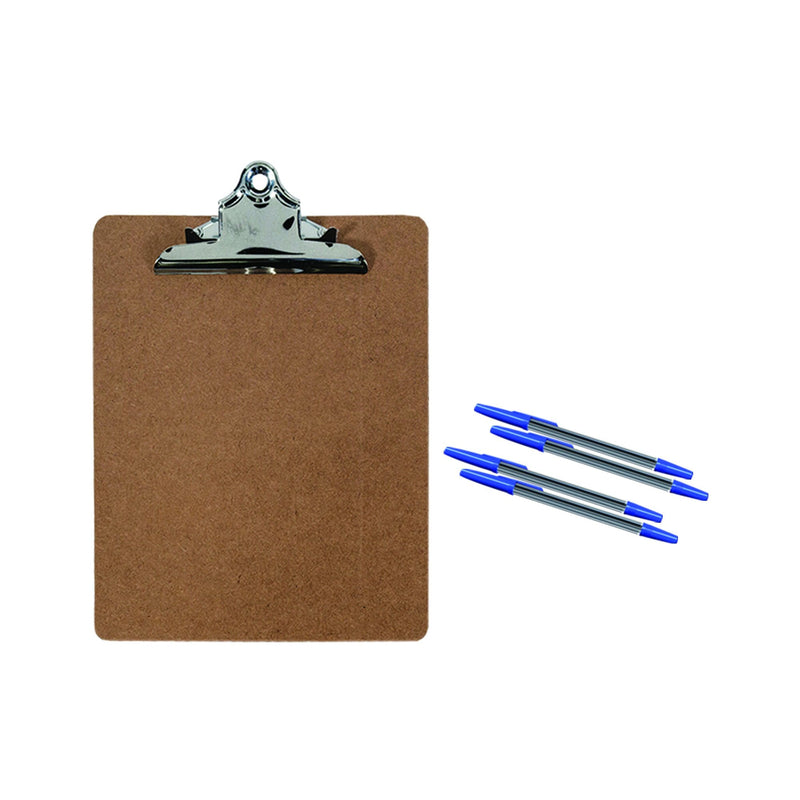 brown clipboard and 4 blue pens