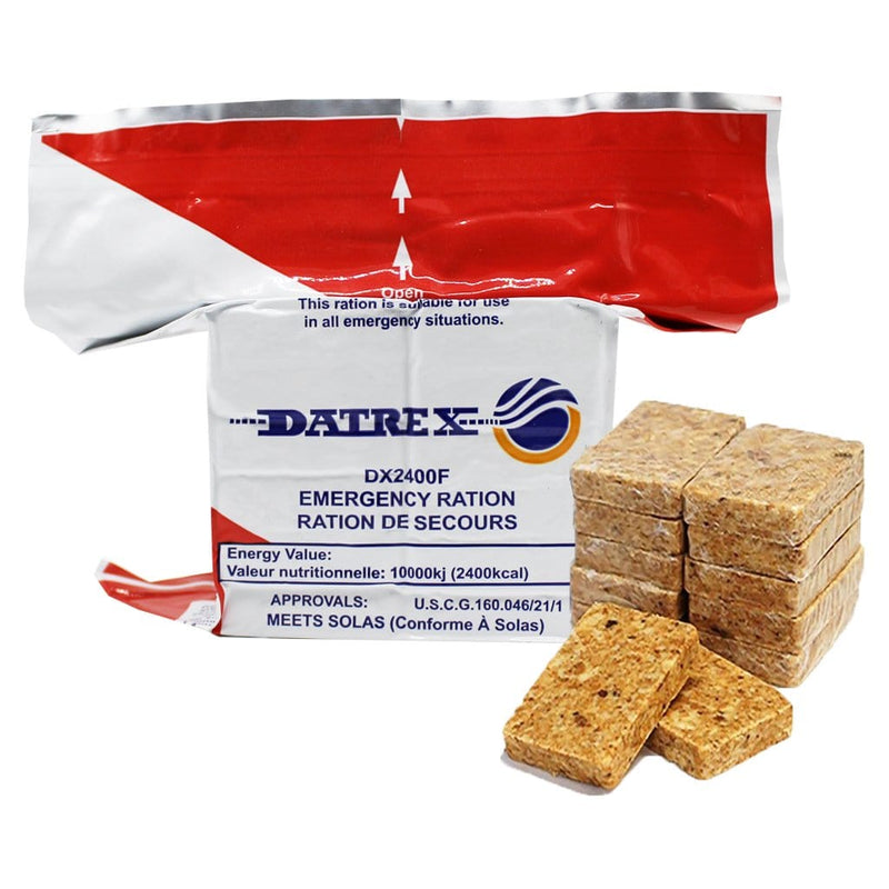 Datrex 2400 calorie food ration with twelve individually packed 200 calorie food bars laid out