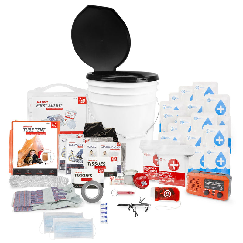 2 Person 72HRS Deluxe Toilet - Emergency Survival Kit items laid out
