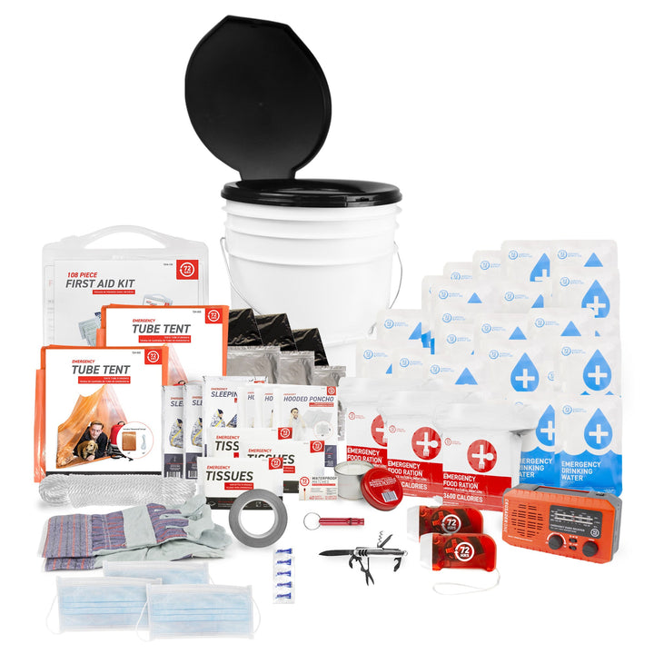 3 Person 72HRS Deluxe Toilet - Emergency Survival Kit items laid out