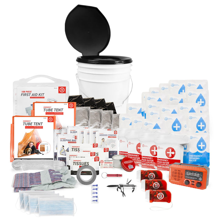4 Person 72HRS Deluxe Toilet - Emergency Survival Kit items laid out