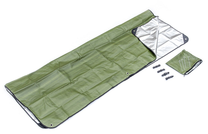 Green Double-Sided Thermal Reflective Tarp Kit with all the contents laid out