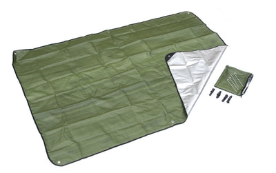 Green Double-Sided Thermal Reflective Tarp Kit with items laid out and tarp opened on green side