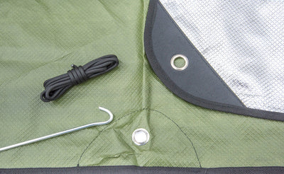 paracord, pegs, Green Double-Sided Thermal Reflective Tarp reinforced by grommets