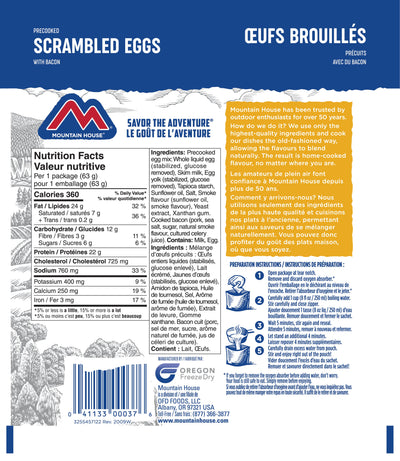 Mountain House Scrambled Eggs with Bacon nutritionals and ingredients