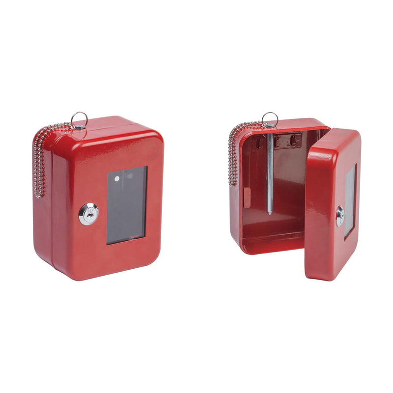 red key safe with hammer to break glass in case of emergency