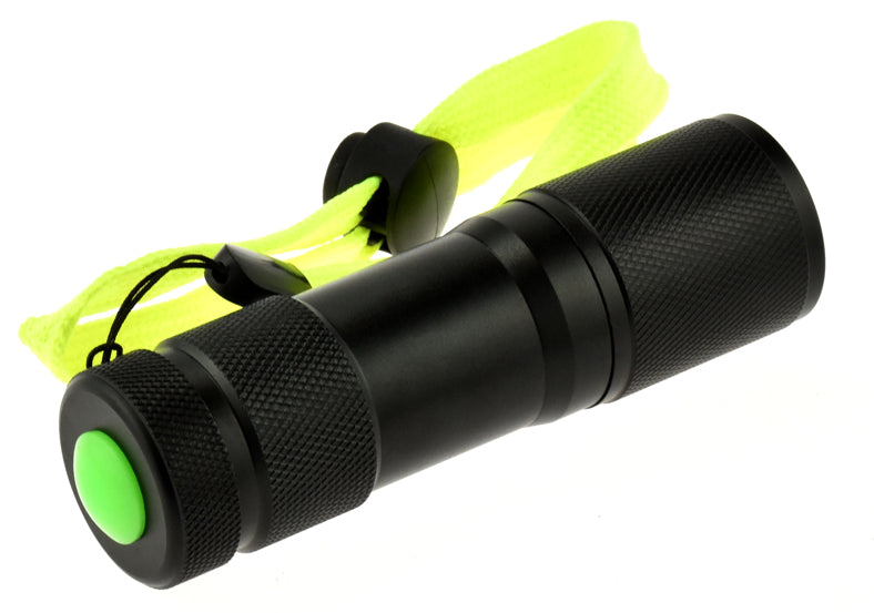 9 LED Waterproof Flashlight angled view showing on/off button