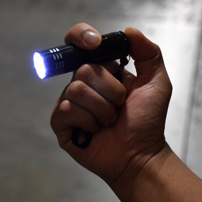 hand holding 9 LED Mini Metal Flashlight with light on