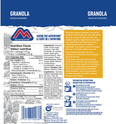 Mountain House Granola with Milk and Blueberries ingredients and nutritionals