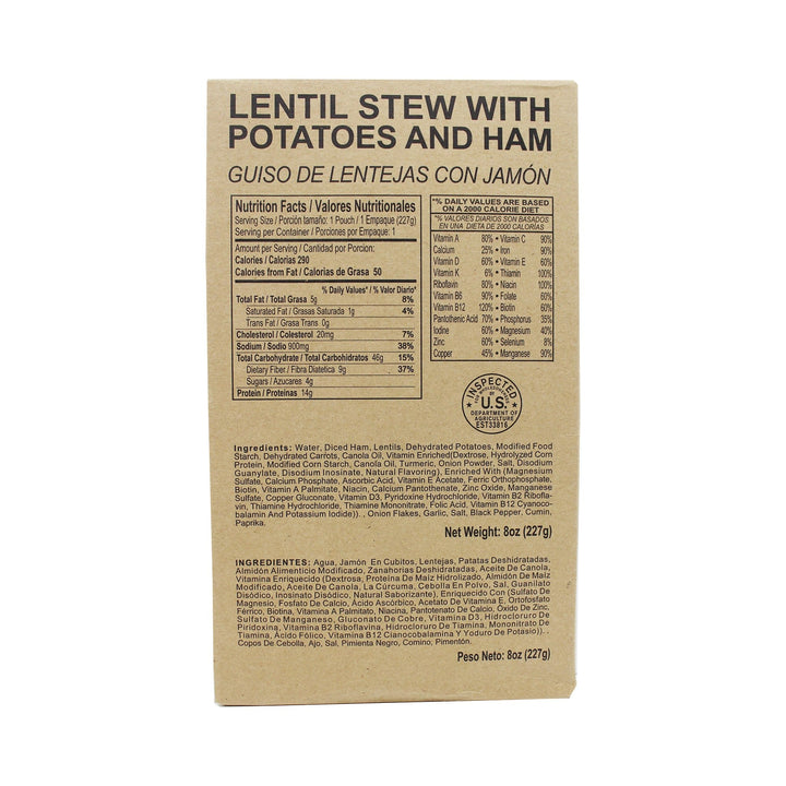 Front side of MRE lentil stew with potatoes and ham case with retort bag inside