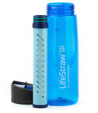 Blue LifeStraw Go Water Bottle filter, cap, and bottle separated