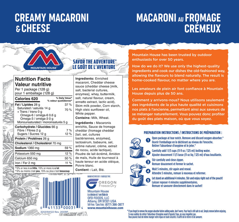 Mountain House Mac and Cheese nutritionals and ingredients