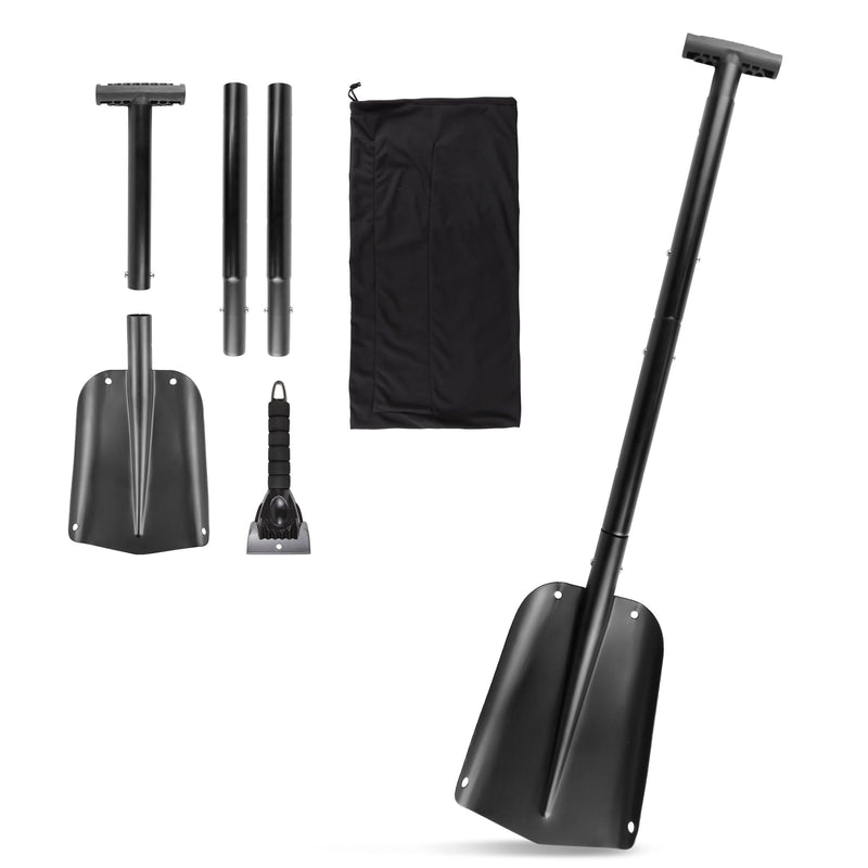 Black Aluminum Compact Multi-Purpose Shovel with Ice Scraper items laid out