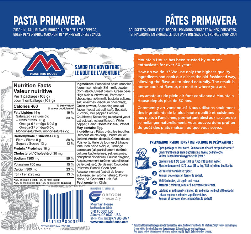 Mountain House Pasta Primavera nutritionals and ingredients
