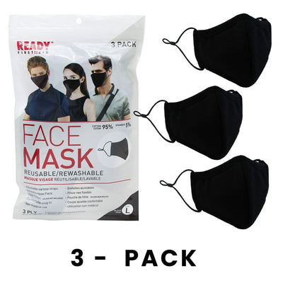 Reusable Face Mask, 3-Layer, Black, V2, Pack of 3 - Ready First Aid