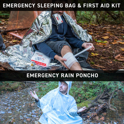 Emergency sleeping bag, first aid kit, and rain poncho