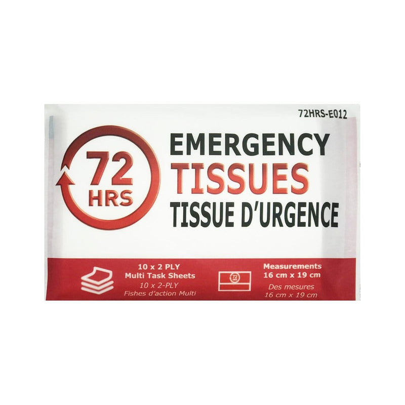 72HRS emergency tissues containing ten 2 ply multi task sheets