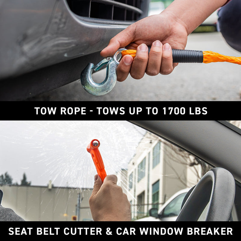 Tow rope, seatbelt cutter, and window breaker