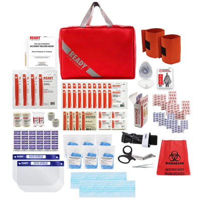 level 2 first aid kit with contents laid outside of red ready first aid storage bag