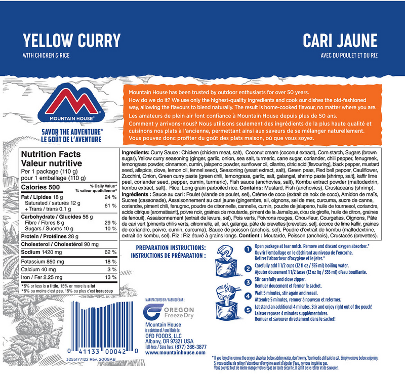 Mountain House Yellow Curry with Chicken and Rice showing ingredients and nutritional facts.