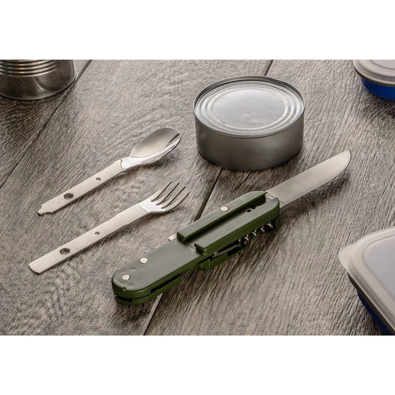 6-IN-1 Tool Kit - Camping Multi Tool fork, spoon, and knife on table with can