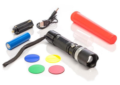 Rechargeable 5 Watt Flashlight with light filters, charging cables and traffic wand