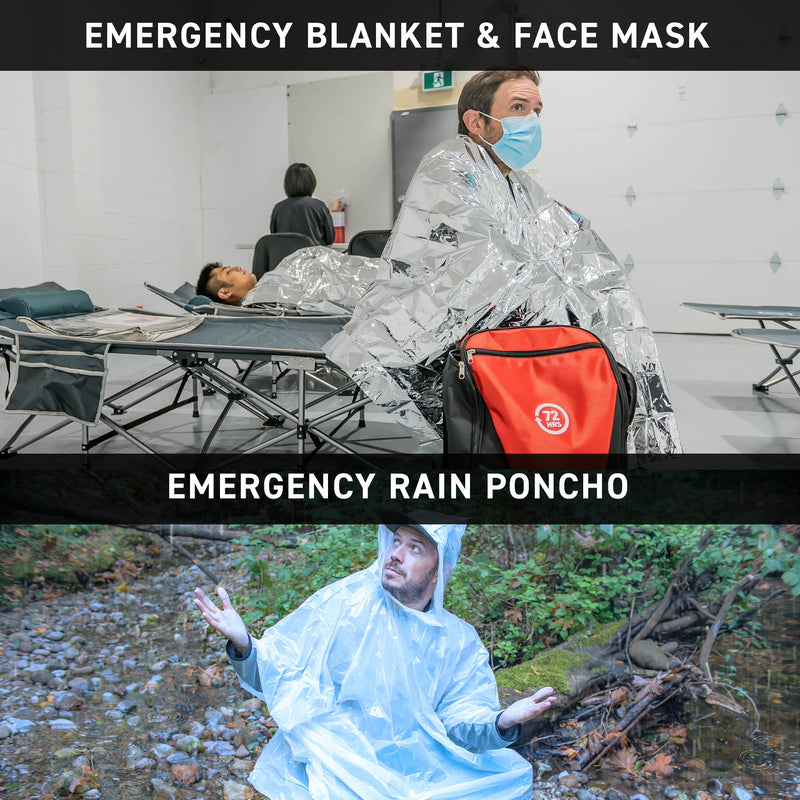 man wearing emergency blanket, poncho, and fast mask with red essential backpack