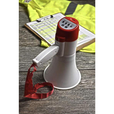 megaphone upright with safety vest and clipboard