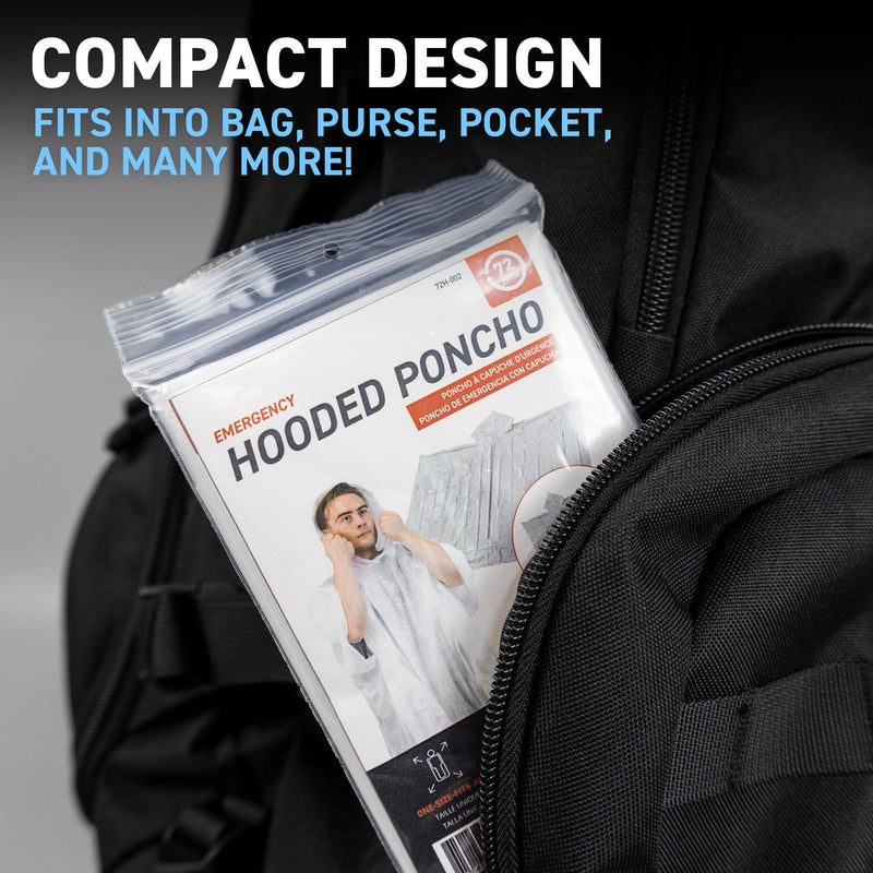 72HRS Disposable Hooded Rain Poncho Compact Design