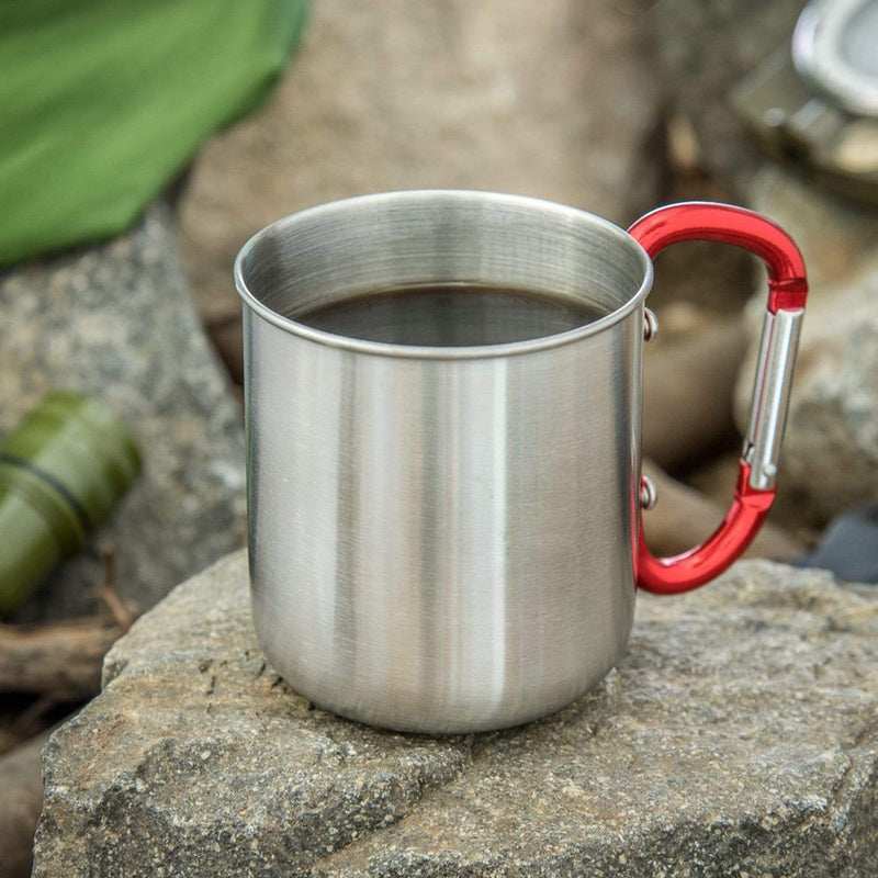 Stainless Steel Mug with Red 3" Carabiner Handle (300ml) outdoors with coffee