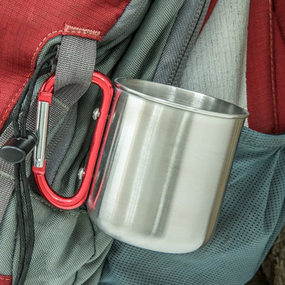 Stainless Steel Mug with Red 3" Carabiner Handle (300ml) hung on backpack